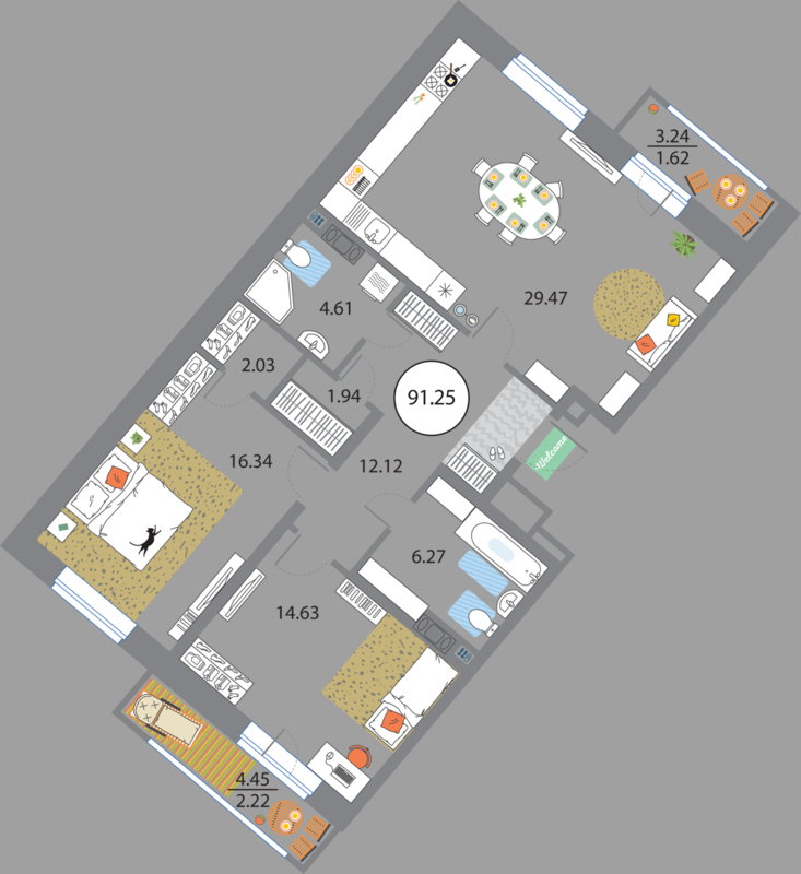 2 комн. квартира, 91.2 м², 8 этаж 