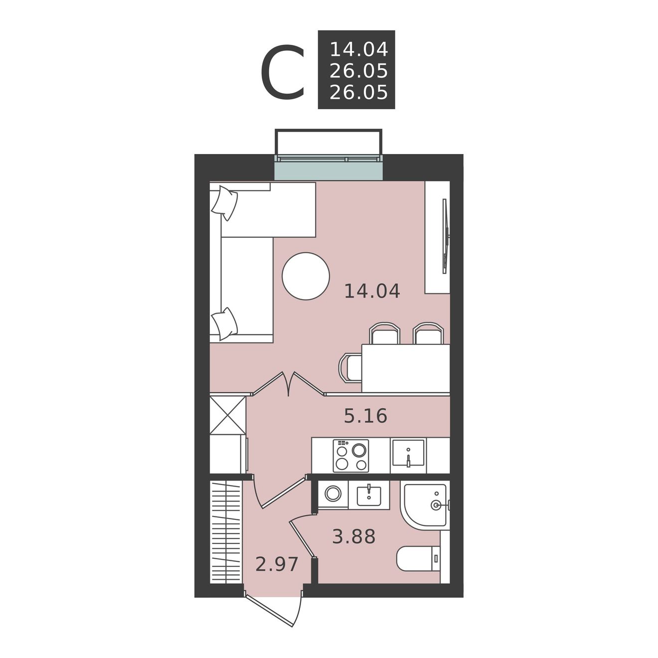студия, 26.1 м², 5 этаж 