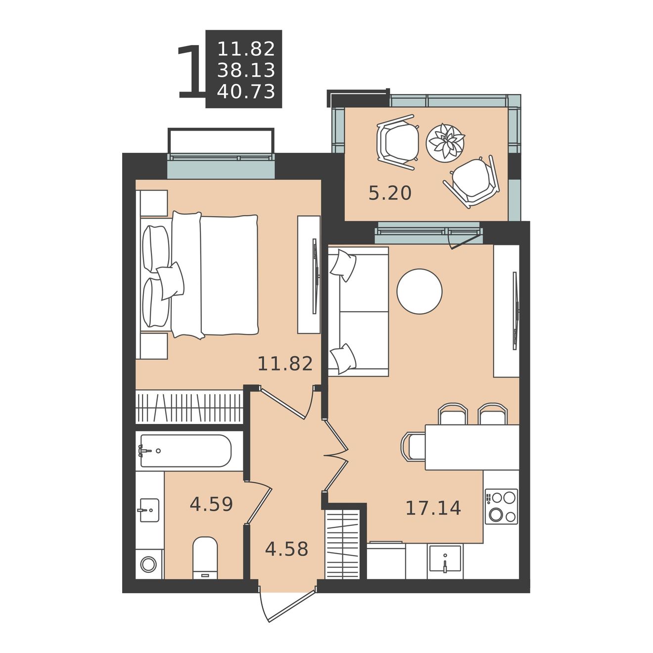 1 комн. квартира, 40.7 м², 5 этаж 