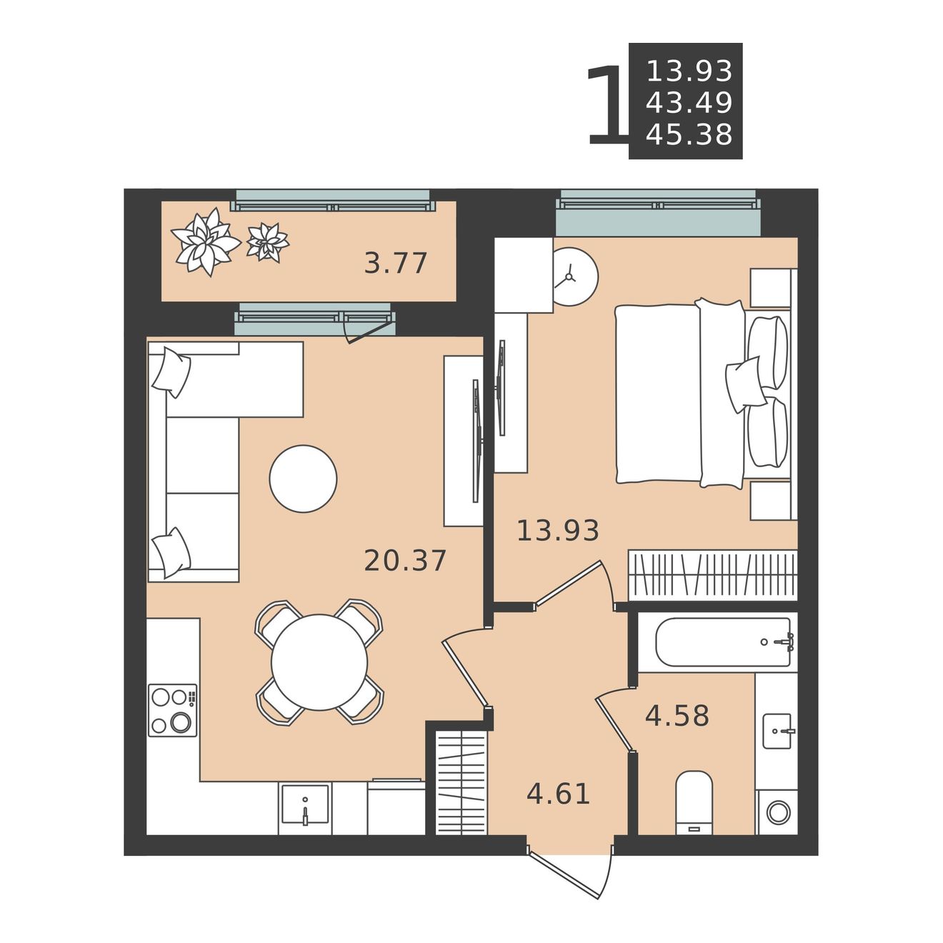 1 комн. квартира, 45.4 м², 1 этаж 