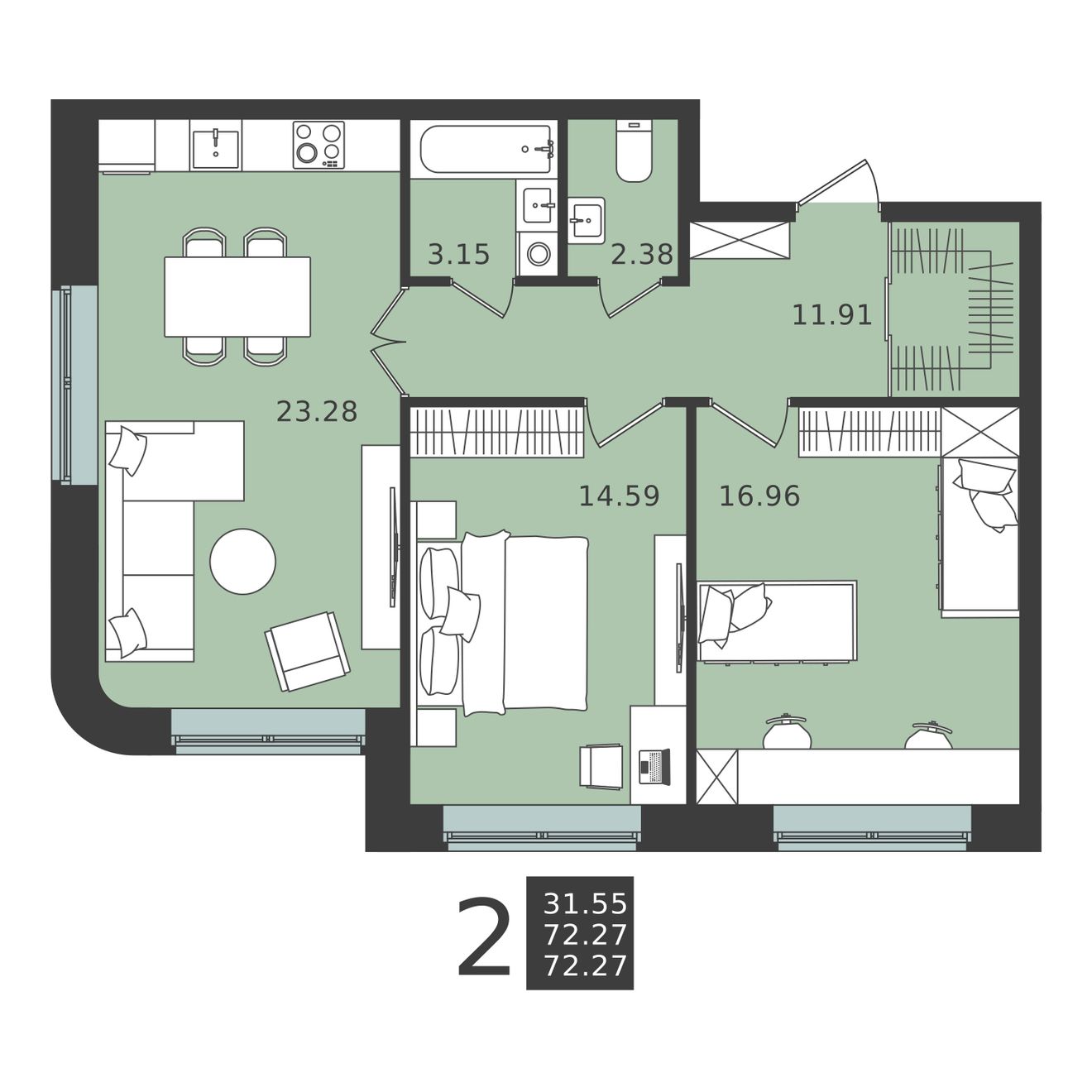 2 комн. квартира, 72.3 м², 1 этаж 