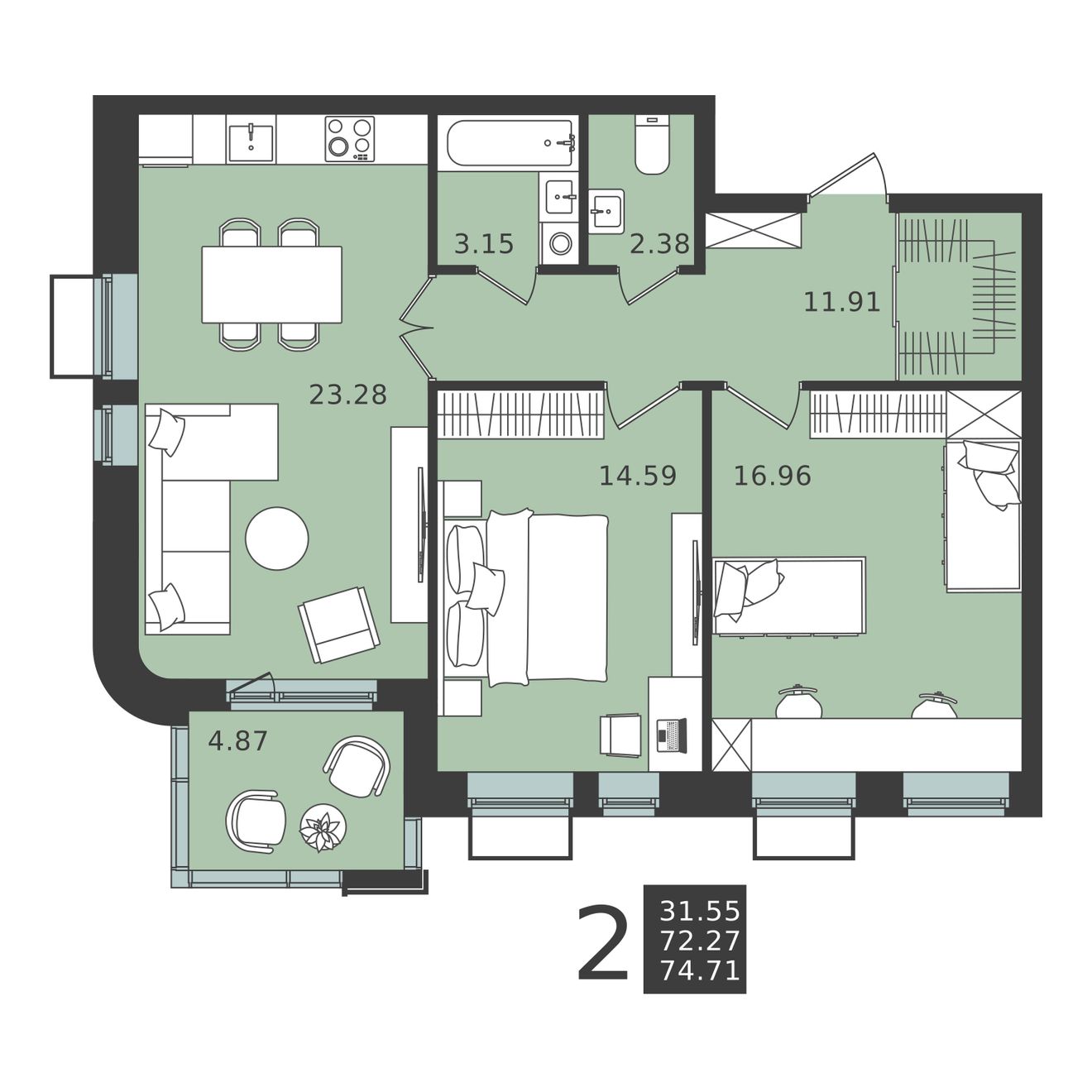 2 комн. квартира, 74.7 м², 3 этаж 