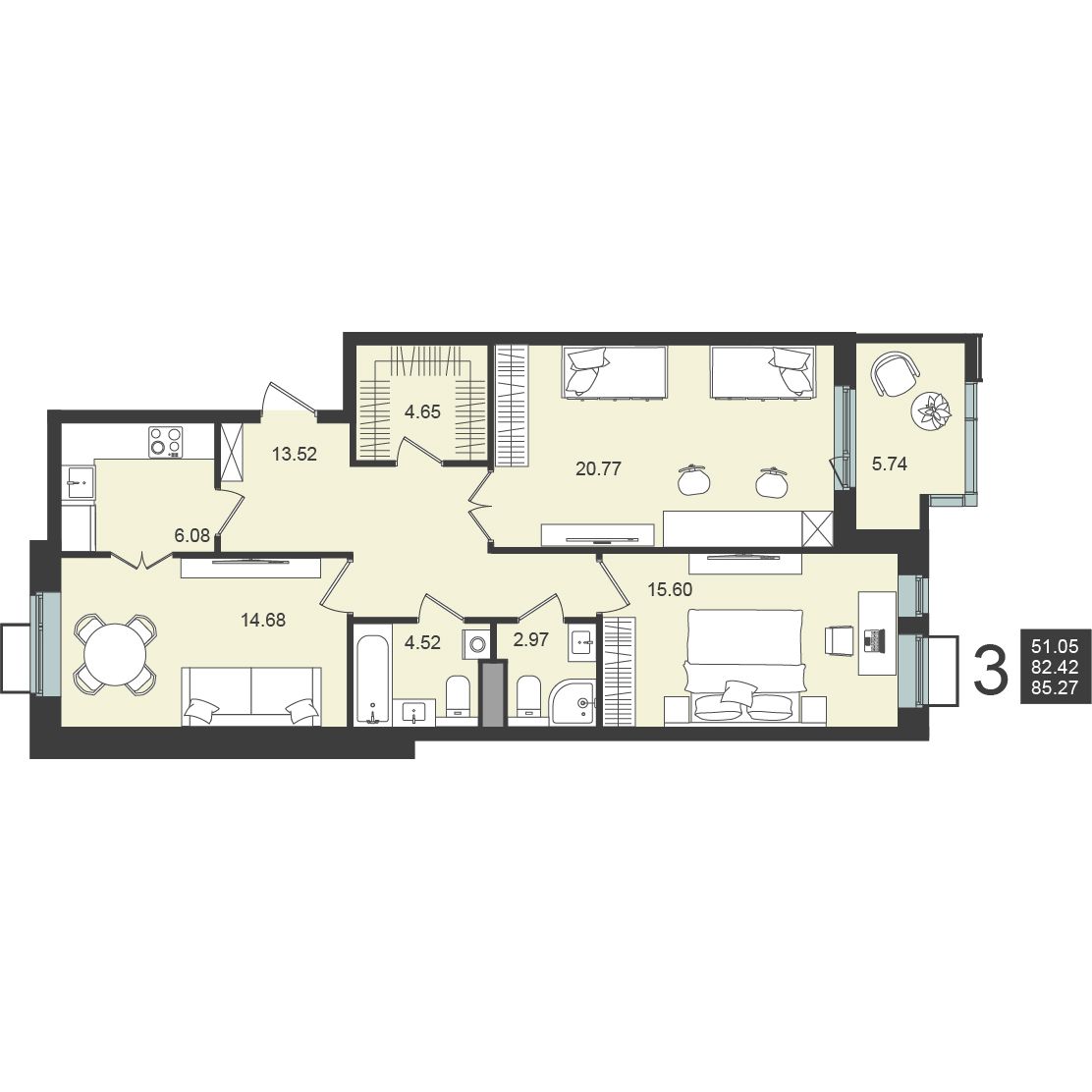 3 комн. квартира, 85.3 м², 2 этаж 