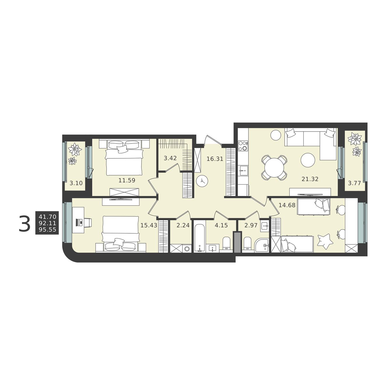 3 комн. квартира, 95.5 м², 1 этаж 