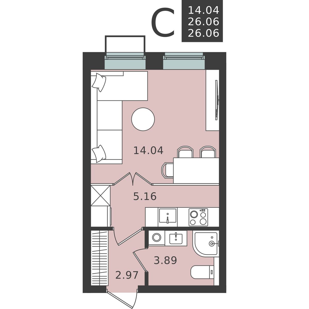 студия, 26.1 м², 4 этаж 