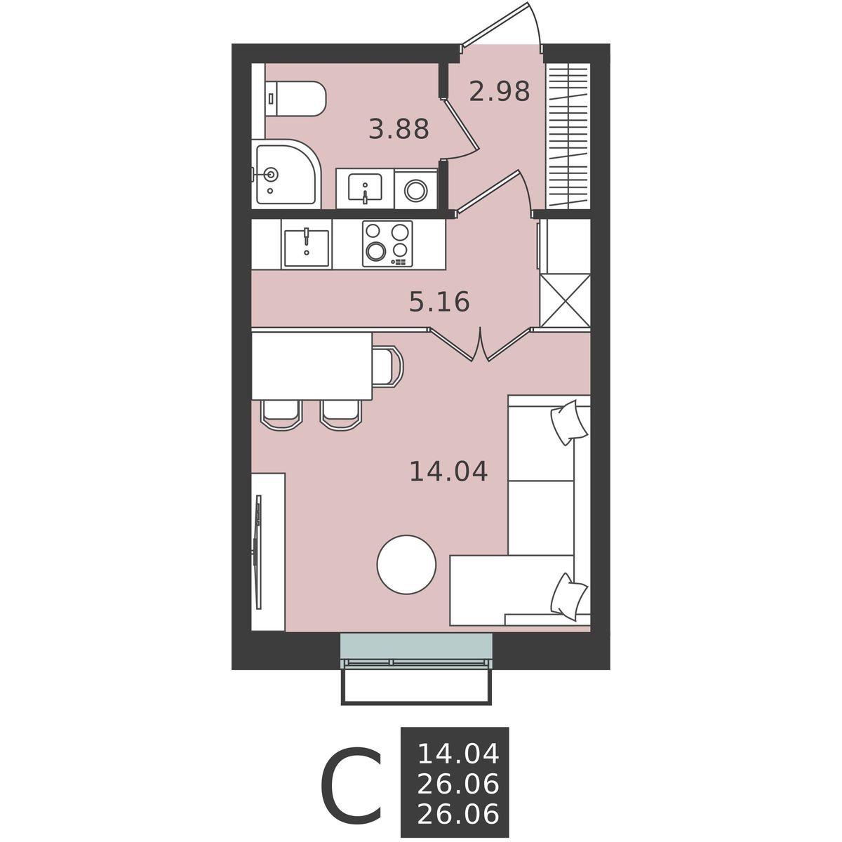 студия, 26.1 м², 5 этаж 