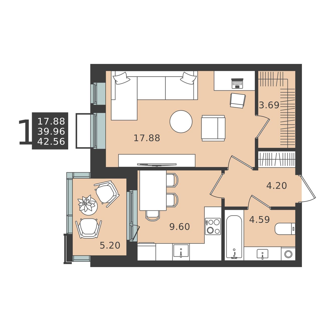 1 комн. квартира, 42.6 м², 2 этаж 