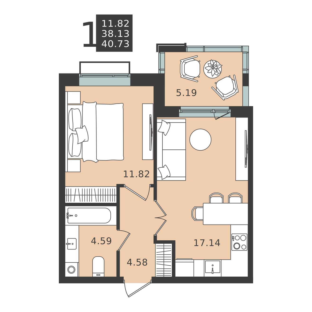 1 комн. квартира, 40.7 м², 5 этаж 