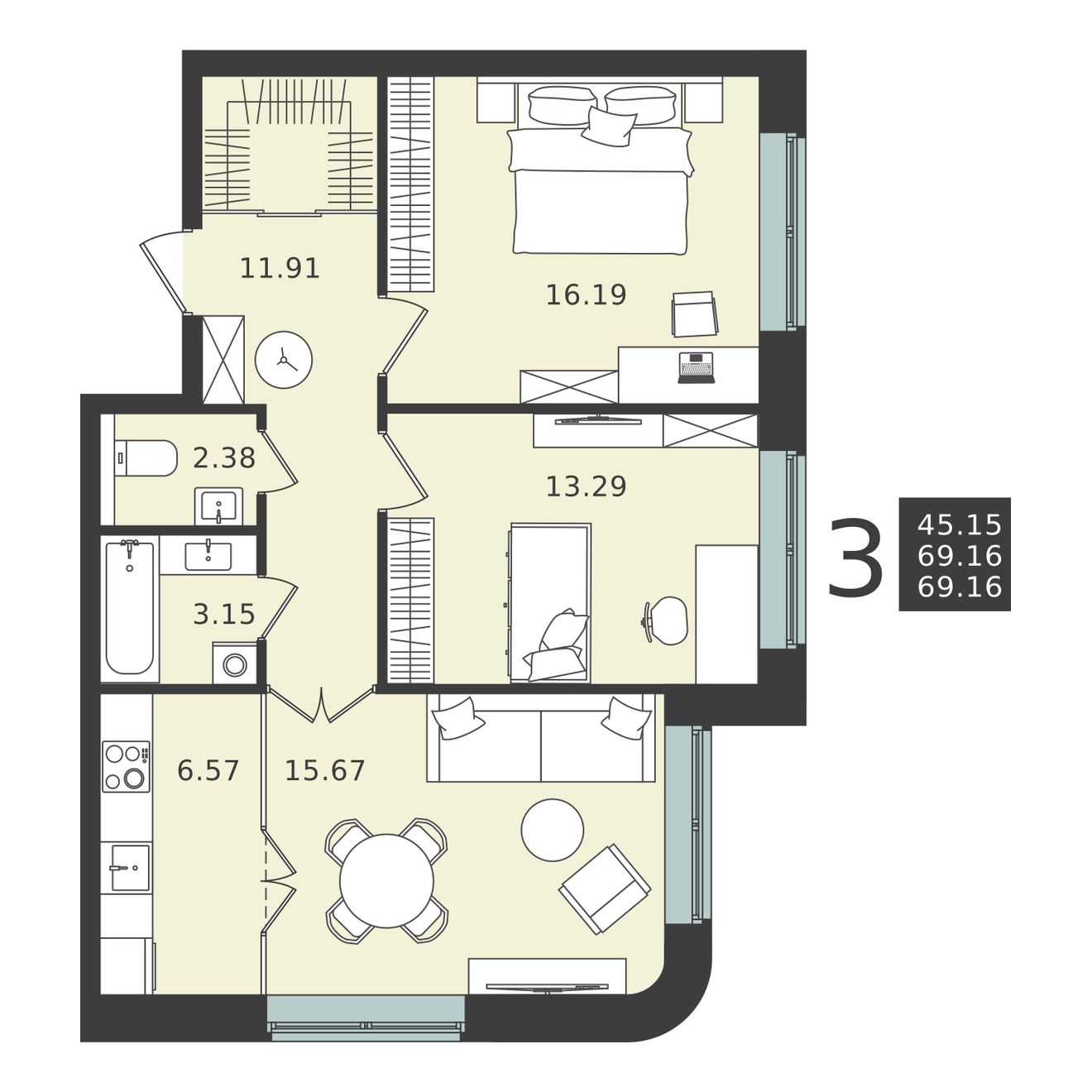 3 комн. квартира, 69.2 м², 1 этаж 