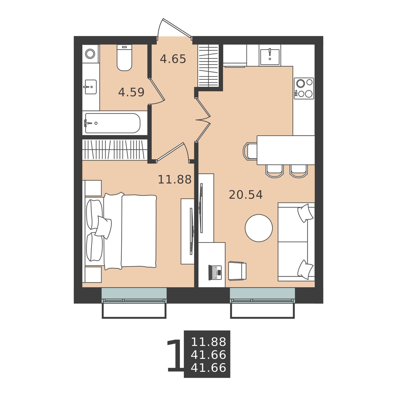 1 комн. квартира, 41.7 м², 5 этаж 