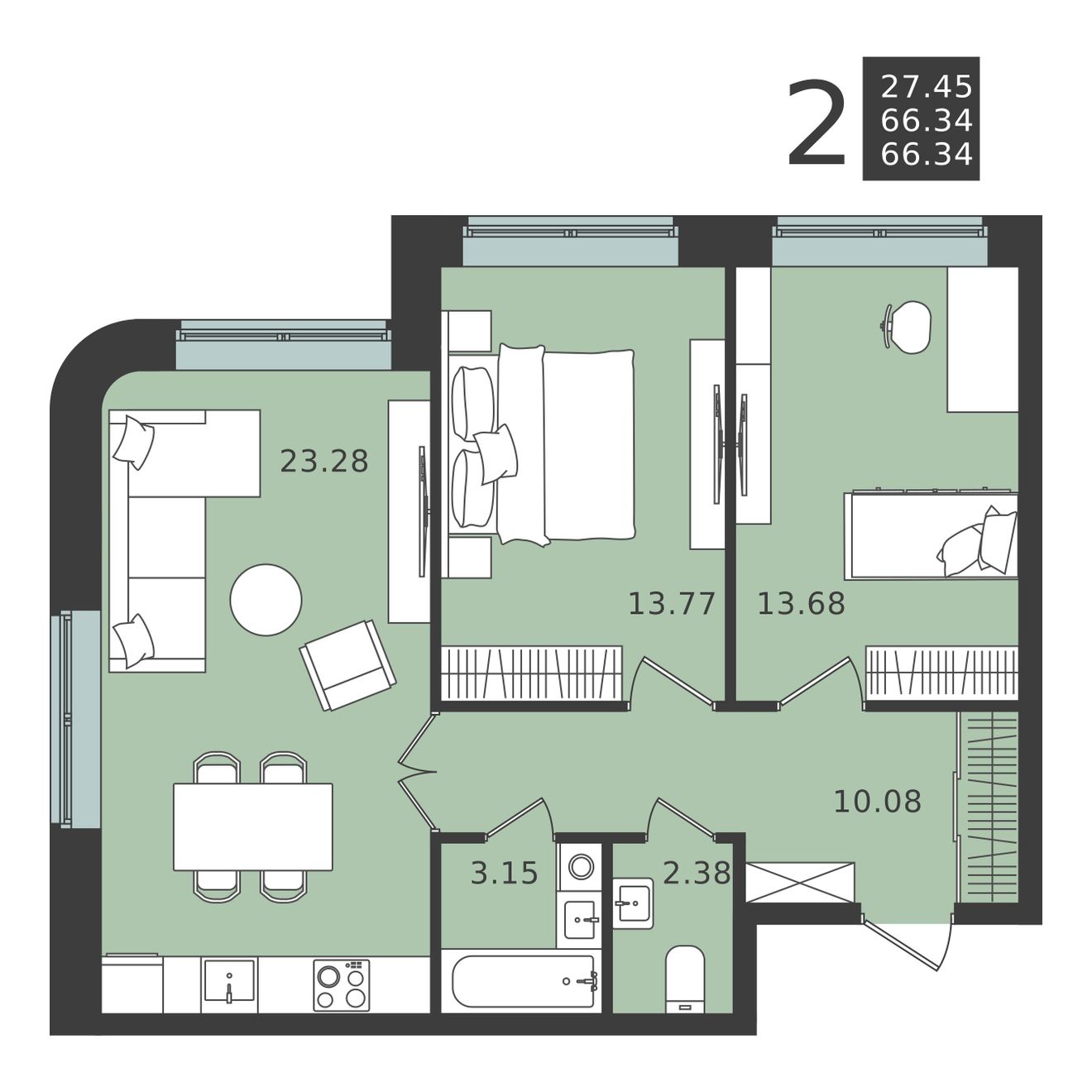 2 комн. квартира, 66.3 м², 1 этаж 