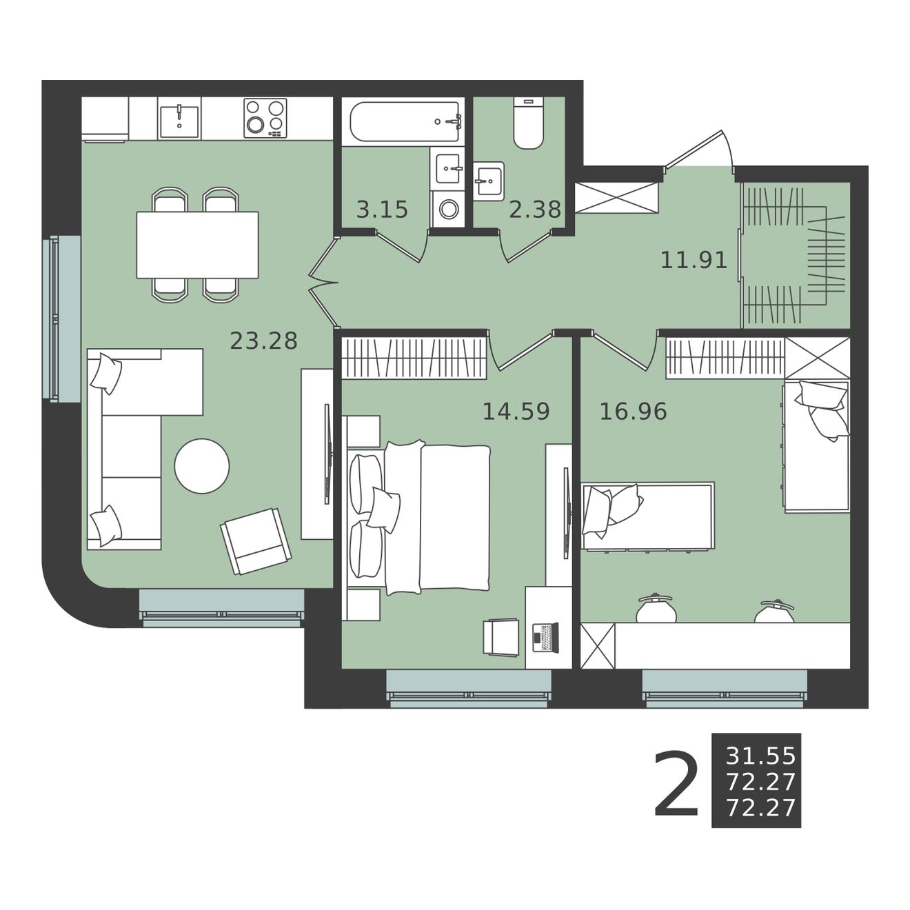 2 комн. квартира, 72.3 м², 1 этаж 