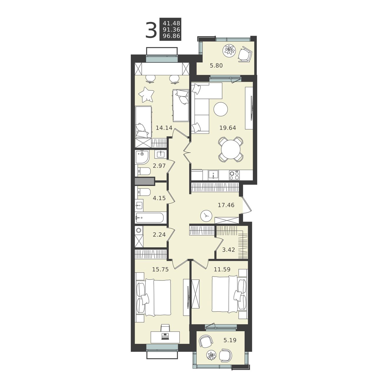 3 комн. квартира, 96.9 м², 5 этаж 