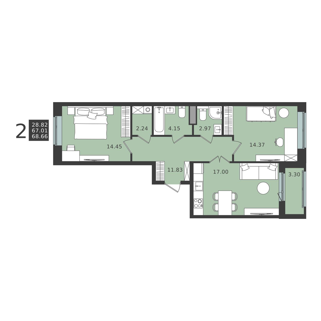 2 комн. квартира, 68.7 м², 1 этаж 