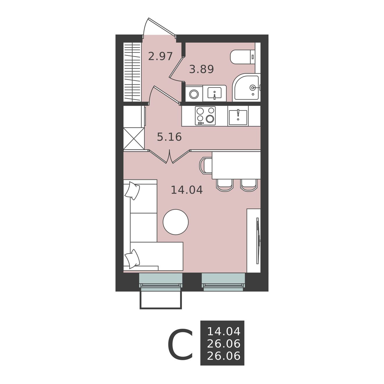 студия, 26.1 м², 4 этаж 