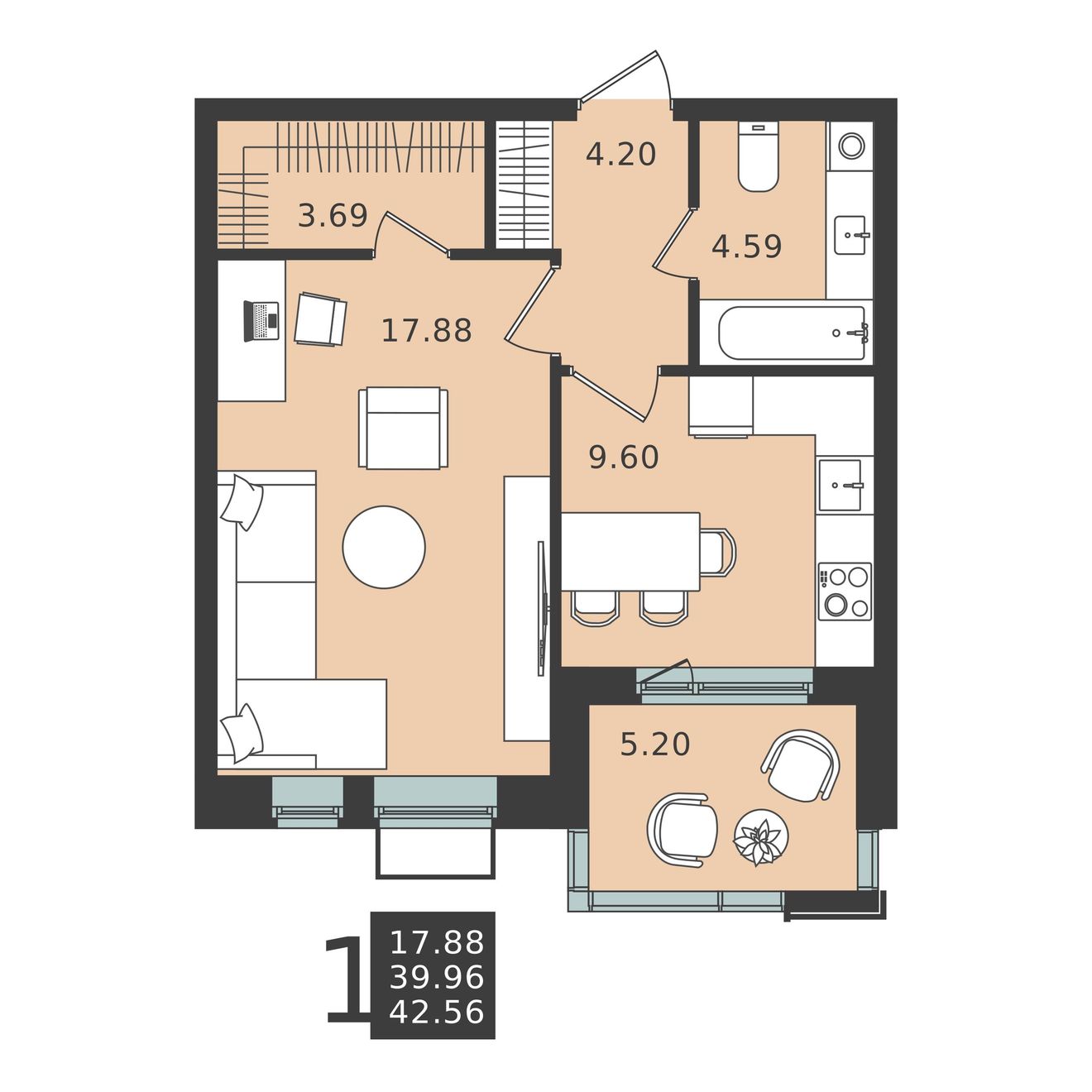 1 комн. квартира, 42.6 м², 3 этаж 