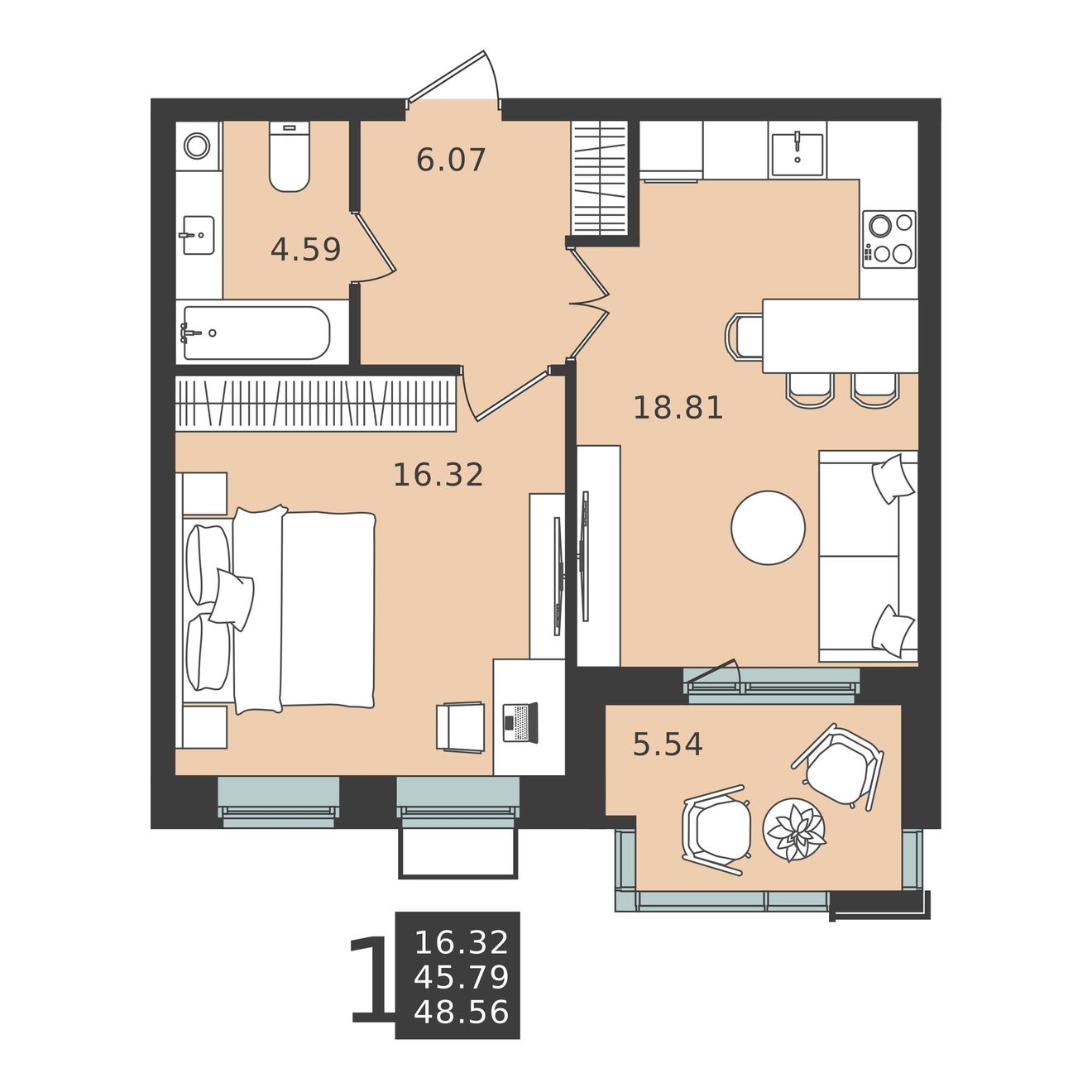 1 комн. квартира, 48.6 м², 4 этаж 