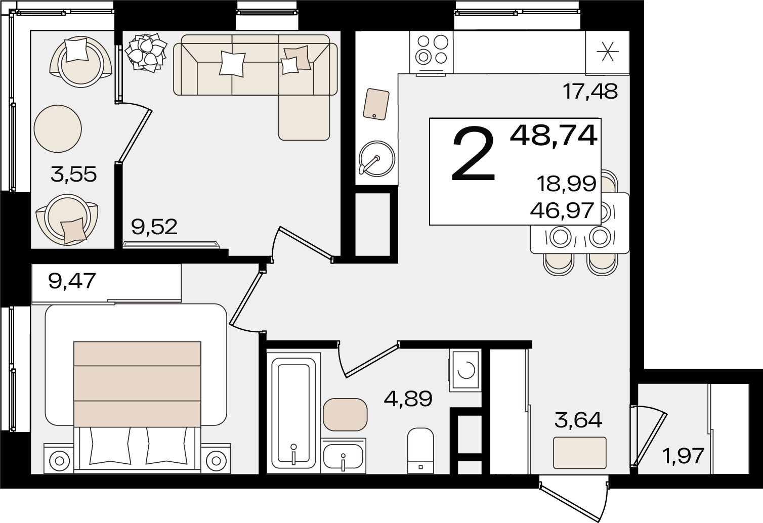 2 комн. квартира, 48.7 м², 2 этаж 
