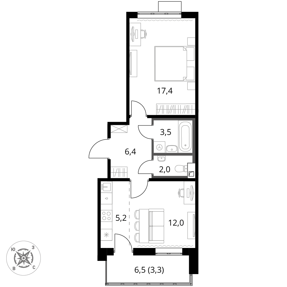 2 комн. квартира, 49.8 м², 9 этаж 