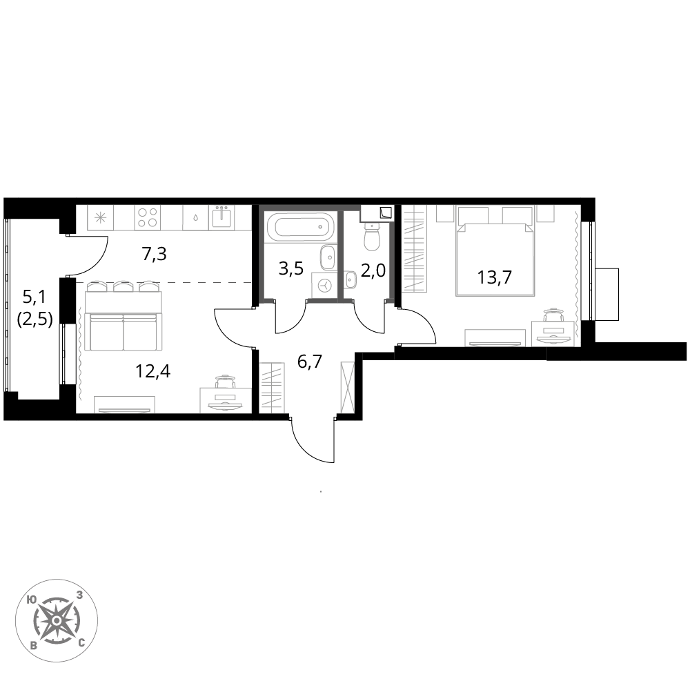 2 комн. квартира, 48.1 м², 13 этаж 