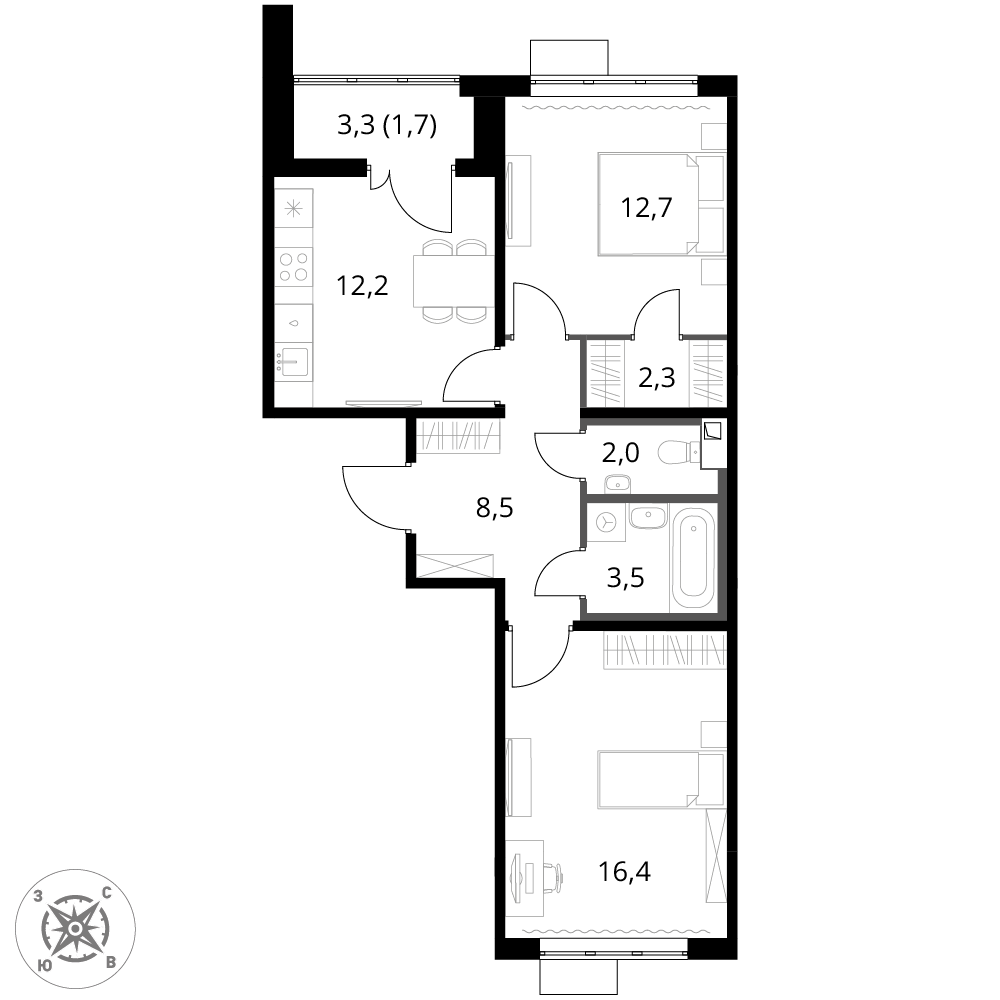 2 комн. квартира, 59.3 м², 9 этаж 