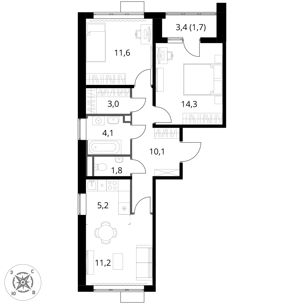 3 комн. квартира, 63 м², 15 этаж 