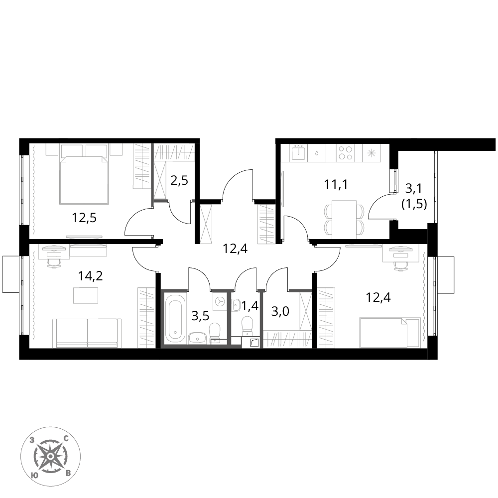 3 комн. квартира, 74.5 м², 16 этаж 