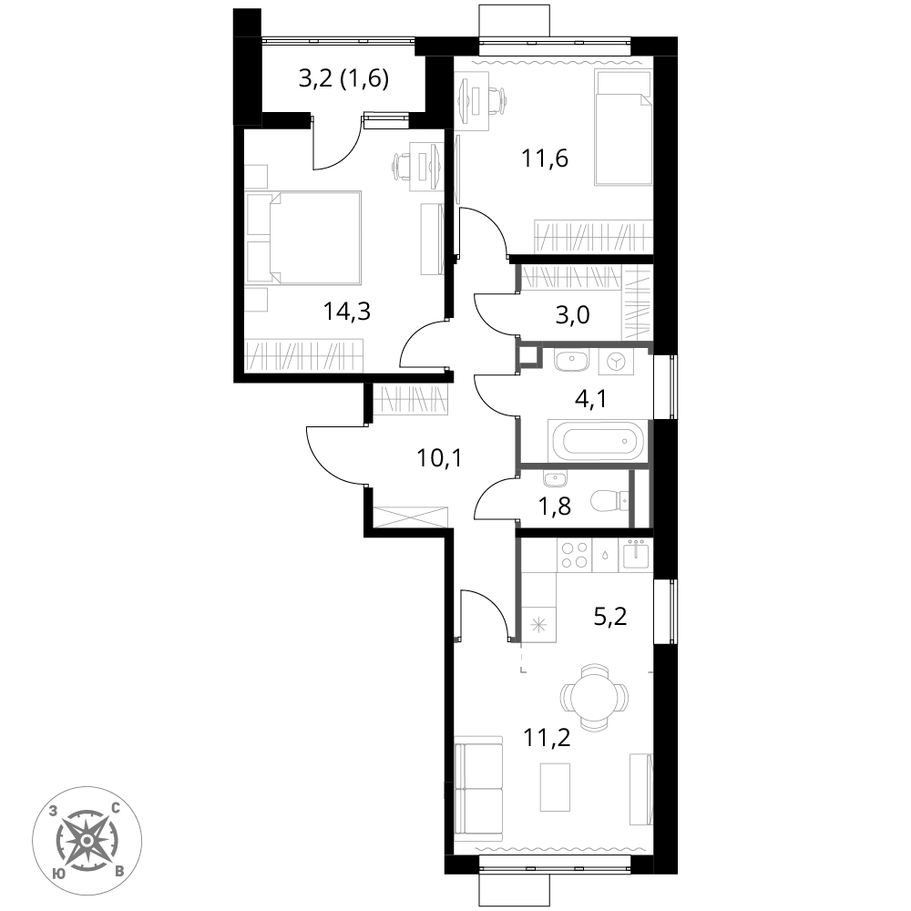 3 комн. квартира, 62.9 м², 8 этаж 