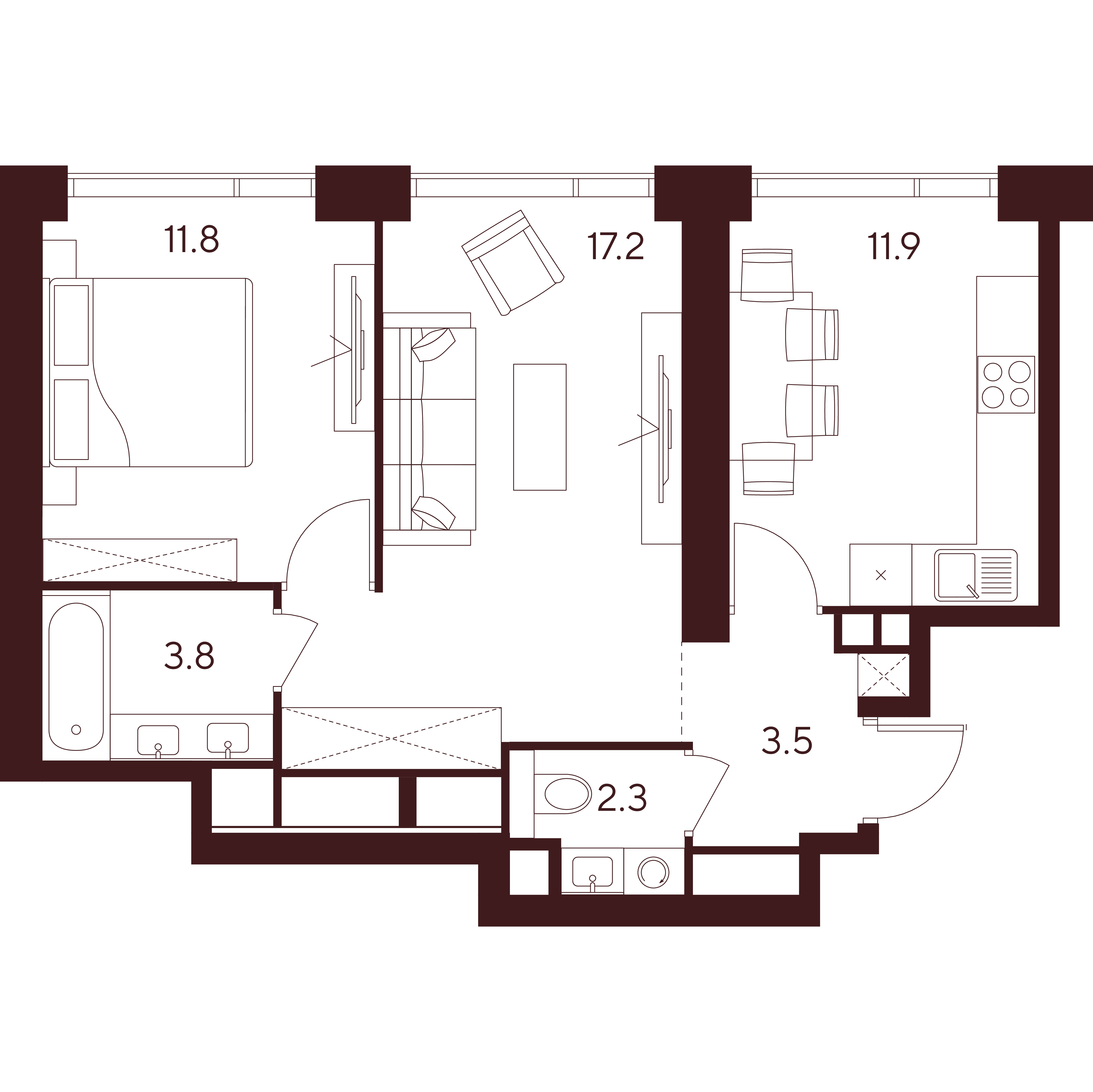 2 комн. квартира, 50.5 м², 34 этаж 