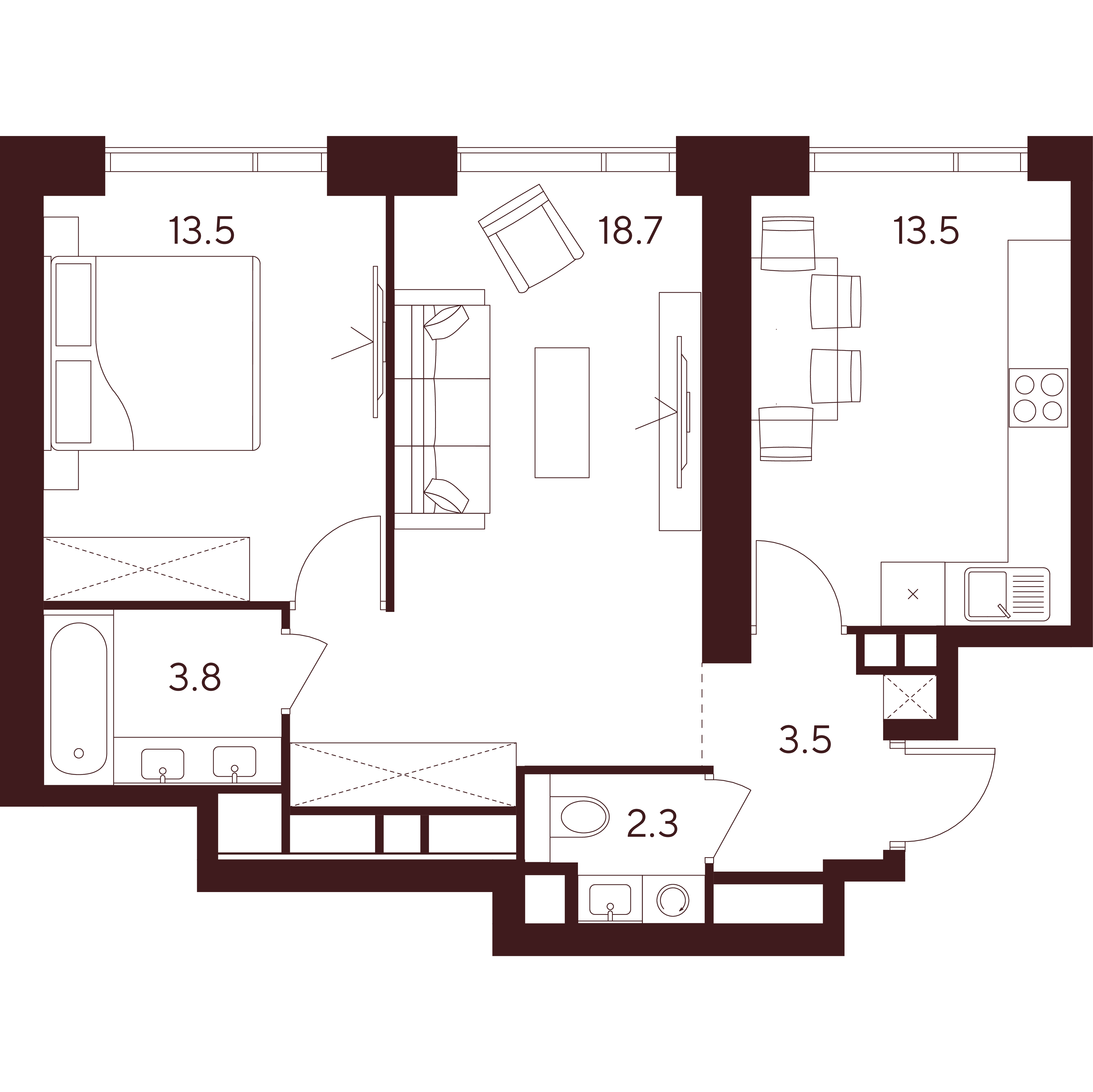 2 комн. квартира, 55.3 м², 37 этаж 