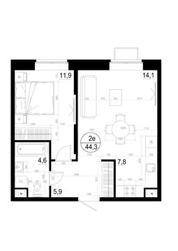 1 комн. квартира, 44.3 м², 2 этаж 
