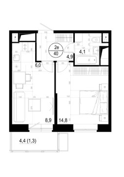 1 комн. квартира, 40 м², 13 этаж 