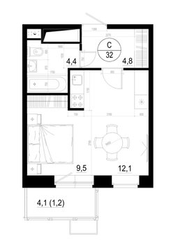 студия, 32 м², 14 этаж 