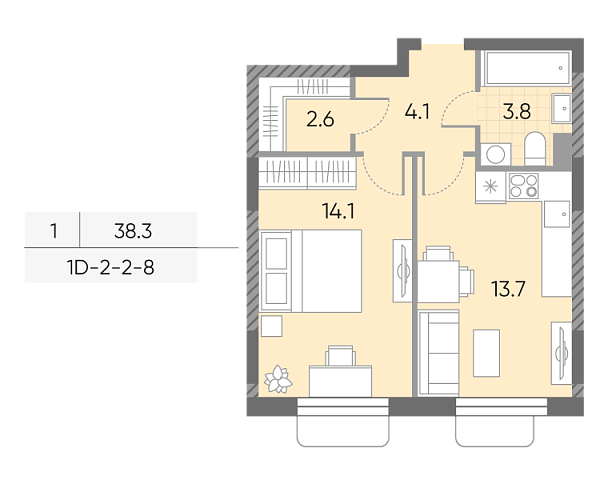 1 комн. квартира, 38.3 м², 6 этаж 
