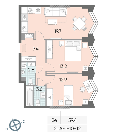 1 комн. квартира, 59.4 м², 11 этаж 
