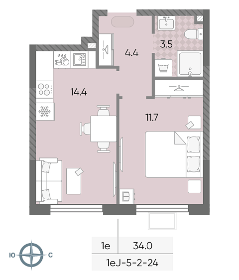 студия, 34 м², 6 этаж 