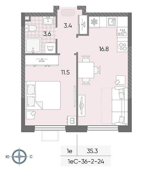 студия, 35.3 м², 6 этаж 