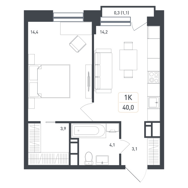 1 комн. квартира, 40 м², 5 этаж 
