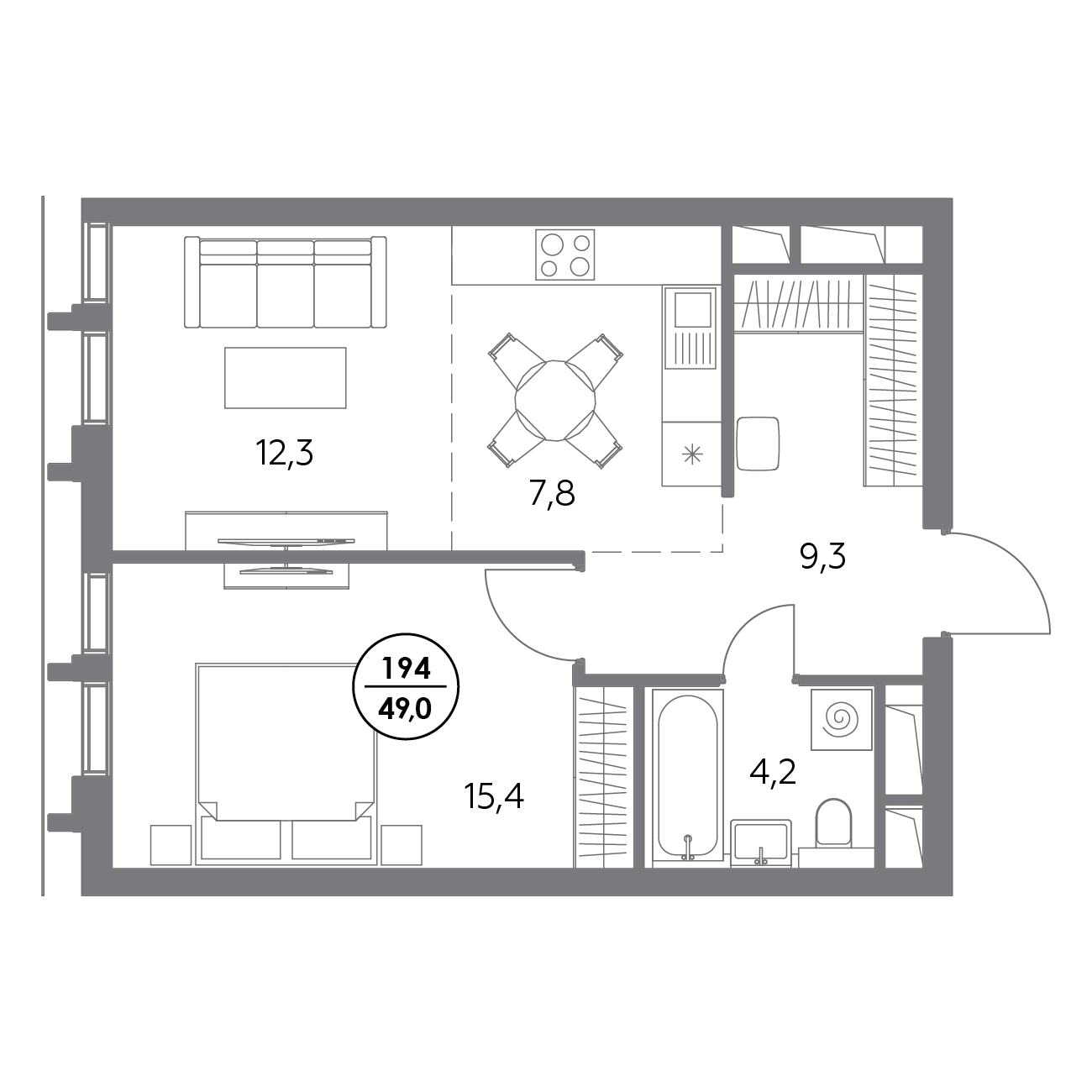 1 комн. квартира, 49 м², 9 этаж 