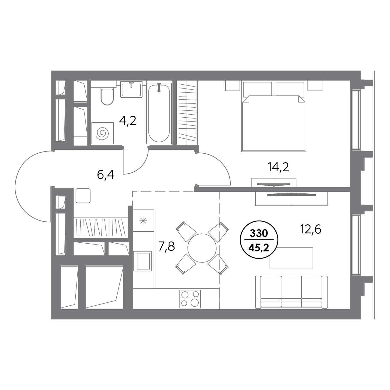 1 комн. квартира, 45.2 м², 23 этаж 
