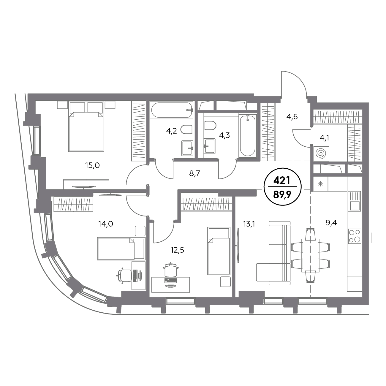 3 комн. квартира, 89.9 м², 9 этаж 