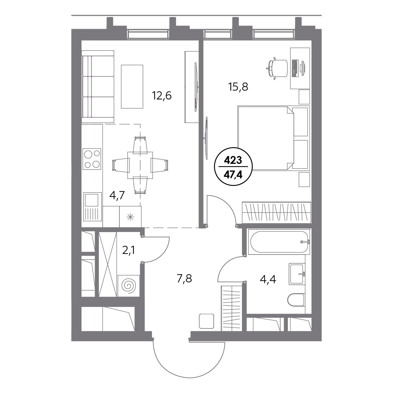 1 комн. квартира, 47.4 м², 9 этаж 