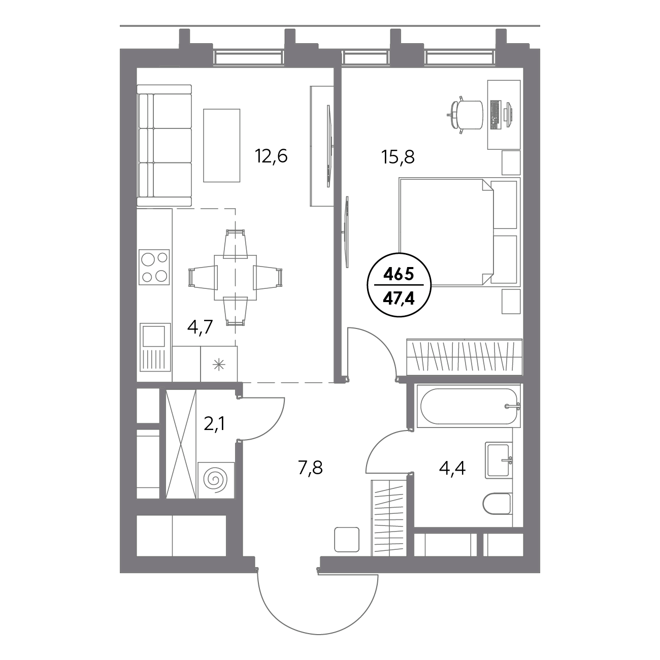 1 комн. квартира, 47.4 м², 16 этаж 