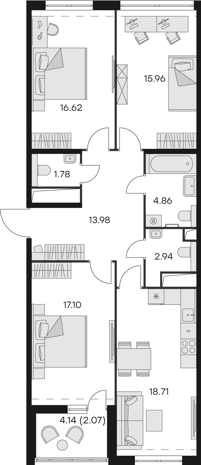 2 комн. квартира, 94.9 м², 13 этаж 