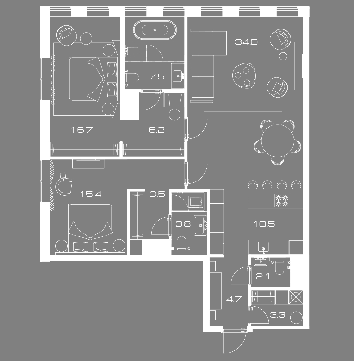 2 комн. квартира, 112.4 м², 15 этаж 