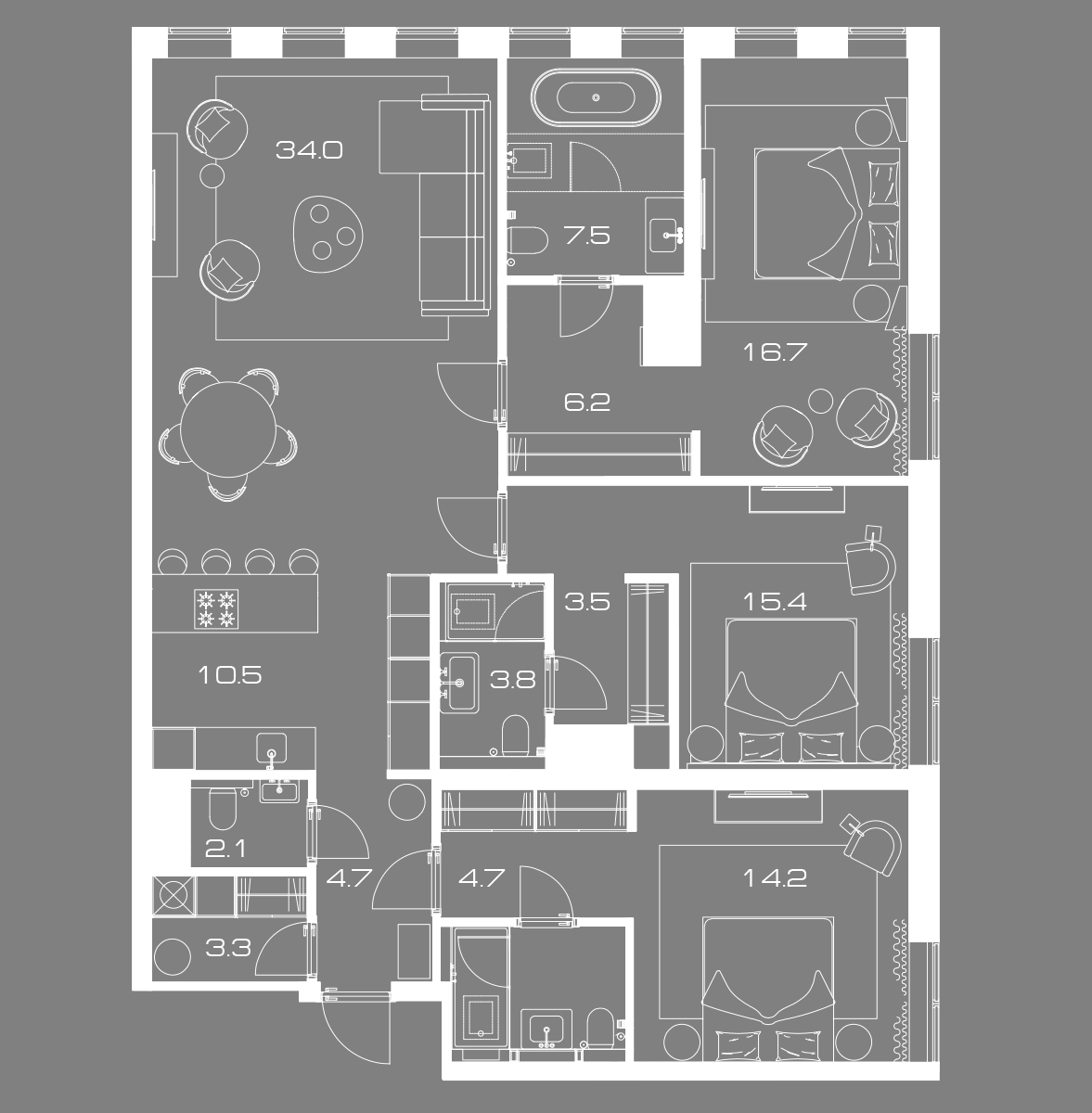 3 комн. квартира, 137 м², 12 этаж 