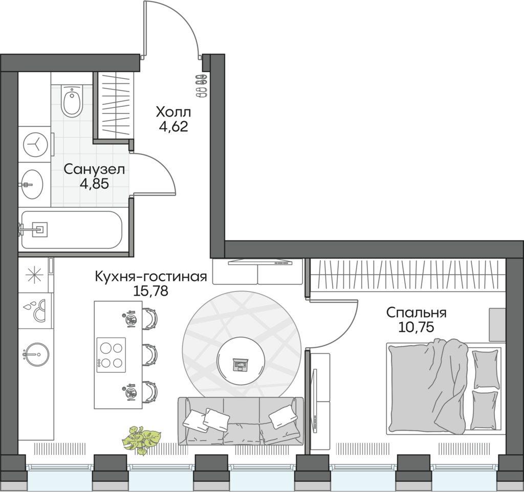 1 комн. квартира, 36.2 м², 2 этаж 