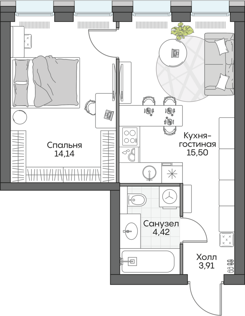 1 комн. квартира, 38.1 м², 2 этаж 
