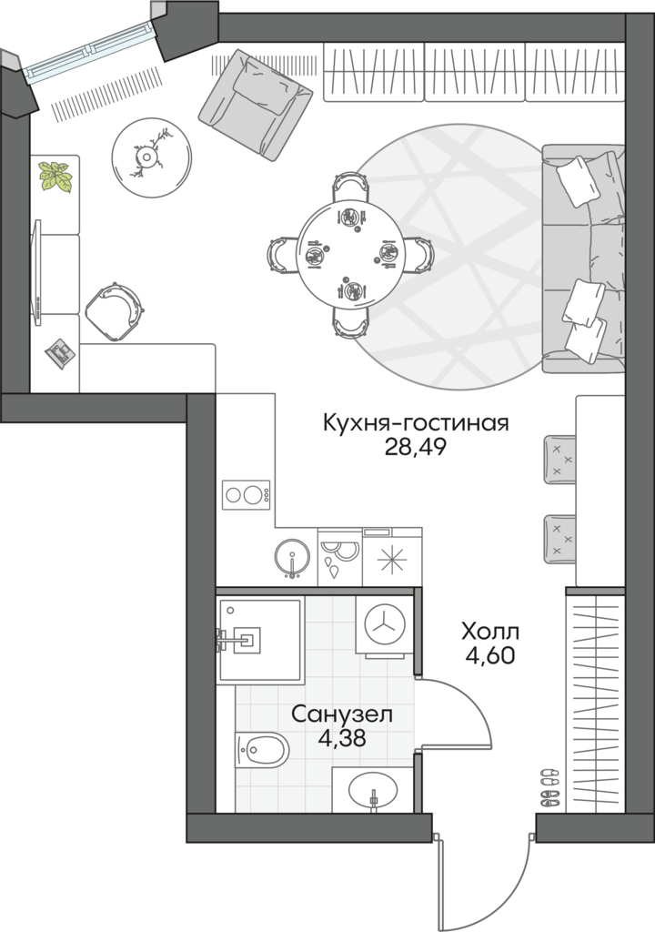 студия, 37.3 м², 3 этаж 