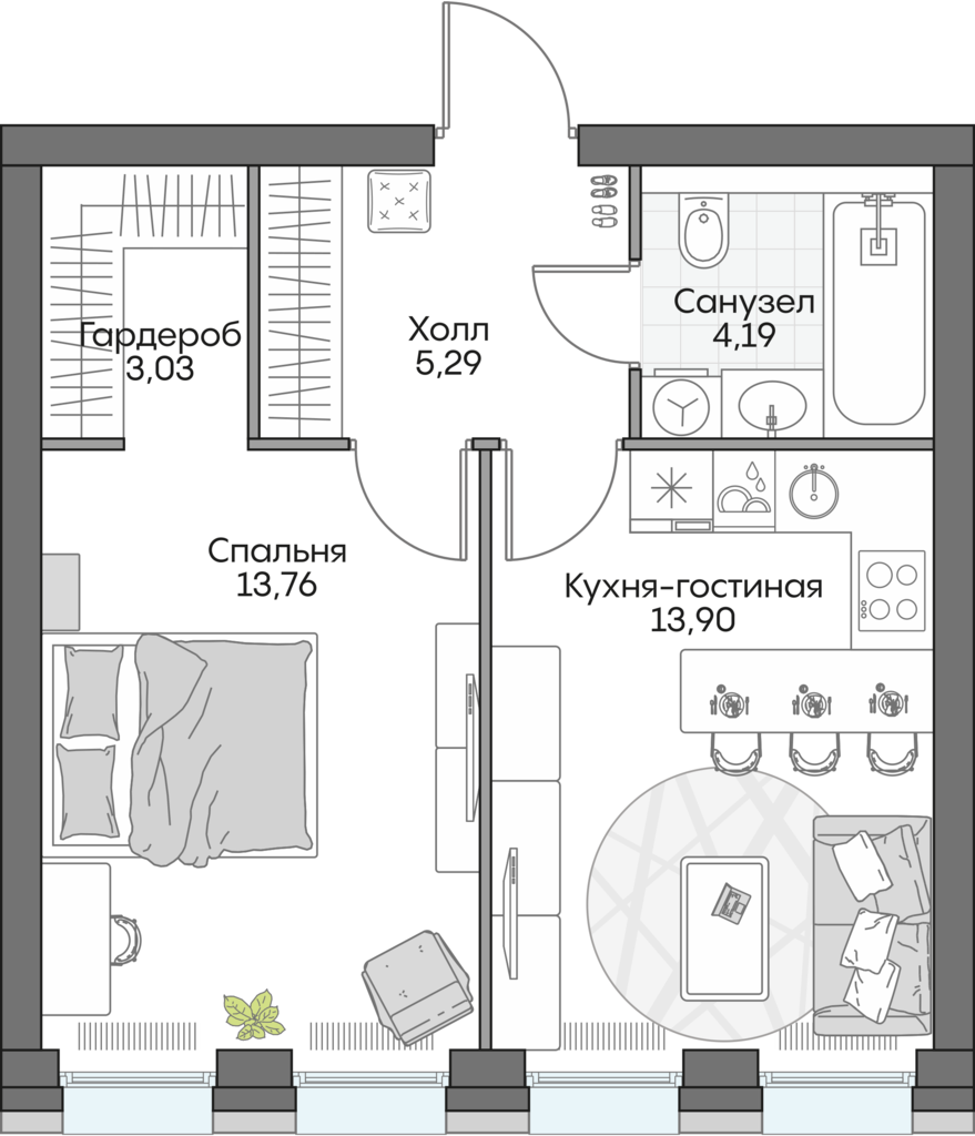 1 комн. квартира, 40.5 м², 4 этаж 